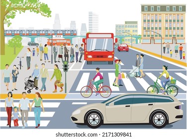 Road traffic with bus stop, pedestrians on zebra crossing and cyclists illustration