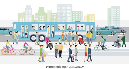 Road traffic with bus stop, pedestrians and cyclists illustration