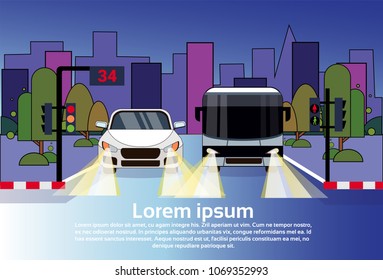 Road Traffic With Car And Bus At Night Over City Buildings Background