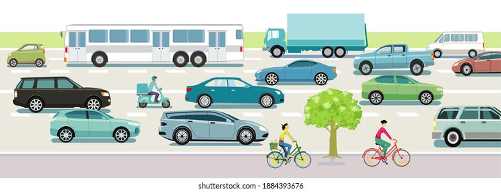 Road traffic with cars, buses and cyclists