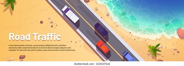 Road traffic cartoon banner with cars top view, straight two lane highway along sea beach with sand and palm trees. Overhead background with vehicles riding at asphalt pathway Vector illustration