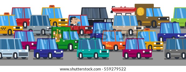 交通渋滞で車が多い都市の道路交通 落書き風実業家が仕事の漫画に出掛ける 平らなベクターイラスト のベクター画像素材 ロイヤリティフリー