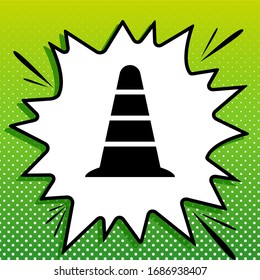 Road traffic cone icon. Black Icon on white popart Splash at green background with white spots. Illustration.