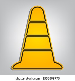 Road traffic cone icon. Flat orange icon with overlapping linear black icon with gray shadow at whitish background. Illustration.
