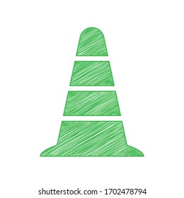 Road traffic cone icon. Green scribble Icon with solid contour on white background. Illustration.