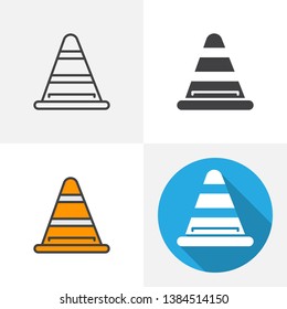 Road traffic cone icon. Line, glyph, flat and filled outline colorful version, striped cone outline and flat vector sign. Under construction symbol, logo illustration. Different style icons set