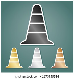 Road traffic cone icon. Set of metallic Icons with gray, gold, silver and bronze gradient with white contour and shadow at viridan background. Illustration.