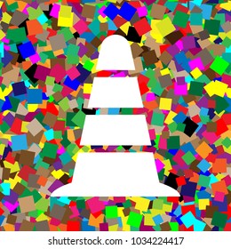 Road traffic cone icon. Vector. White icon on colorful background with seamless pattern from squares.