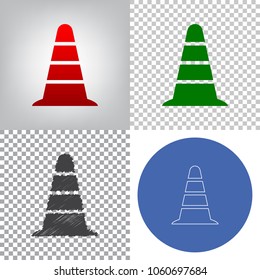 Road traffic cone icon. Vector. 4 styles. Red gradient in radial lighted background, green flat and gray scribble icons on transparent and linear one in blue circle.