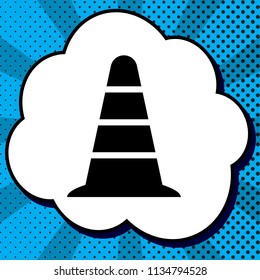 Road traffic cone icon. Vector. Black icon in bubble on blue pop-art background with rays.