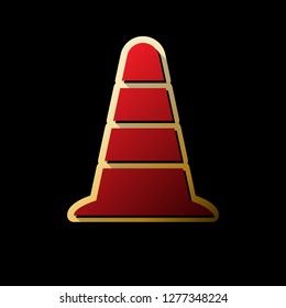 Road traffic cone icon. Vector. Red icon with small black and limitless shadows at golden sticker on black background.