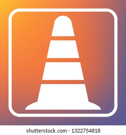 Road traffic cone icon. Vector. White icon on transparent button at orange-violet gradient background.