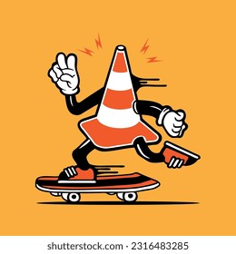 Road Traffic Cone Skater Mascot Vector Character Design 