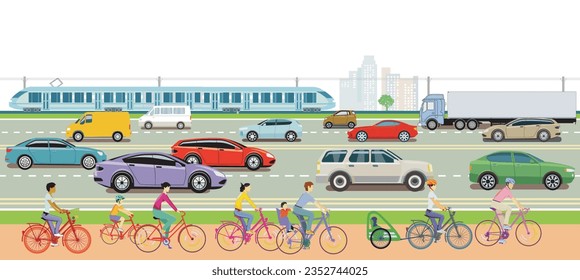 Road traffic with cyclists and express train,, illustration
