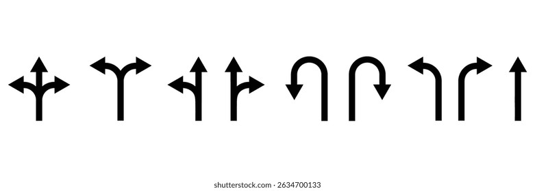 Road traffic direction arrows. Road navigation arrows. Driving direction mark, location point crossroad circle turning route black pictograms. Vector illustration.