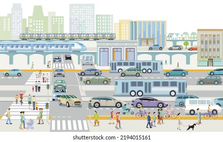 Road traffic with express train, bus and elevated train illustration