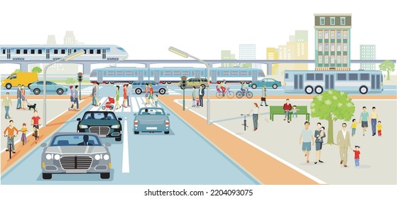 Road Traffic With Express Train, Bus And Tram, Illustration