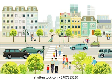 Road traffic with families and people on the sidewalk illustration