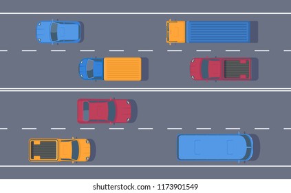 Road traffic. Free flow of machines on a multi-lane road. Different car on highway. Top view vector illustration.