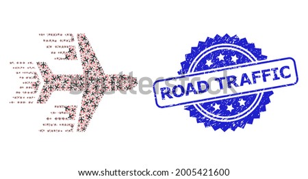 Road Traffic grunge seal and vector fractal collage aircraft. Blue stamp seal has Road Traffic tag inside rosette. Vector collage is organized with repeating rotated aircraft icons.