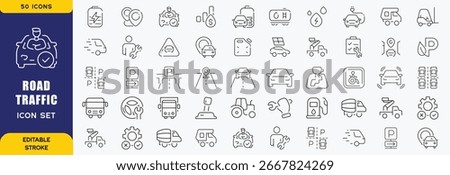 Road traffic icon set. Containing street, highway, traffic light, signpost, directions, parking, route, GPS, drive, crosswalk, intersection and roundabout symbol. vector icon collection