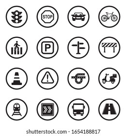 Road Traffic Icons. Black Flat Design In Circle. Vector Illustration.
