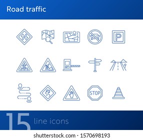 Road traffic icons. Set of line icons. Map with magnifying glass, mobile navigator, route. Traffic concept. Vector illustration can be used for topics like navigation, travelling