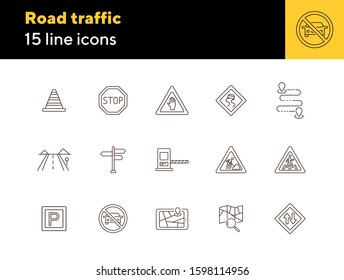 Road traffic icons. Set of line icons. Map with magnifying glass, mobile navigator, route. Traffic concept. Vector illustration can be used for topics like navigation, travelling