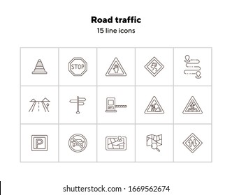 Road traffic icons. Set of line icons. Map with magnifying glass, mobile navigator, route. Traffic concept. Vector illustration can be used for topics like navigation, travelling
