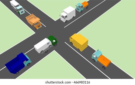 Road traffic isometric with top view. Crossroad asphalt. Vector illustration.