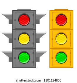 Road traffic light with green, red and yellow signal. Vector cartoon flat icons set of street stoplight isolated on white background.