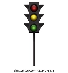 Road traffic light red green yellow color realistic vector illustration. Illuminated urban automobile pedestrian control regulate technology. Safety signal warning transportation stoplight