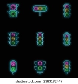 Road traffic lights icon set. Outline set of road traffic lights vector icons neon color on black