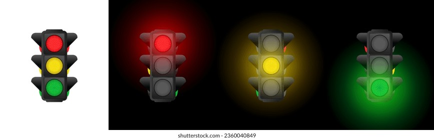 Road Traffic Lights Set. Variations in traffic light operation. Safety Rules Design Template with glowing stoplight, Red and Yellow Traffic Signals, and Pedestrian Crosswalk Light. Vector.