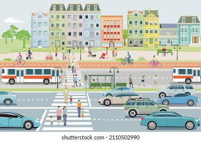 Road traffic with line bus, and public transport, illustration
