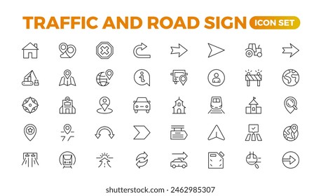 Road and traffic line icons collection. Street, transport, fuel, vehicle, location, car service icons. UI icon set. Thin outline pack. Way direction arrow sign. Roadsigns. Outline icon collection.