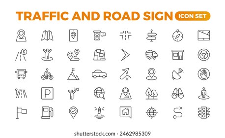 Road and traffic line icons collection. Street, transport, fuel, vehicle, location, car service icons. UI icon set. Thin outline pack. Way direction arrow sign. Roadsigns. Outline icon collection.