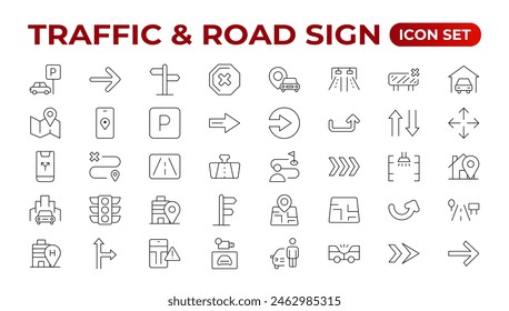 Road and traffic line icons collection. Street, transport, fuel, vehicle, location, car service icons. UI icon set. Thin outline pack. Way direction arrow sign. Roadsigns. Outline icon collection.