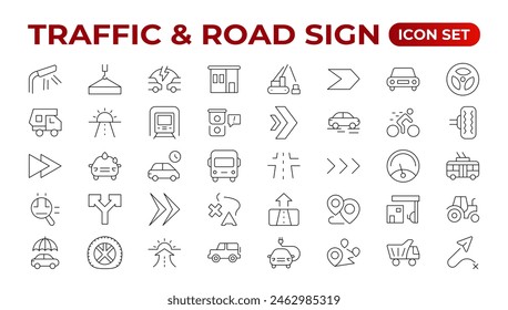 Road and traffic line icons collection. Street, transport, fuel, vehicle, location, car service icons. UI icon set. Thin outline pack. Way direction arrow sign. Roadsigns. Outline icon collection.