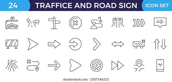 Road and traffic line icons collection. Street, transport, fuel, vehicle, location, car service icons. UI icon set. Thin outline pack. Way direction arrow sign. Roadsigns. Outline icon collection.
