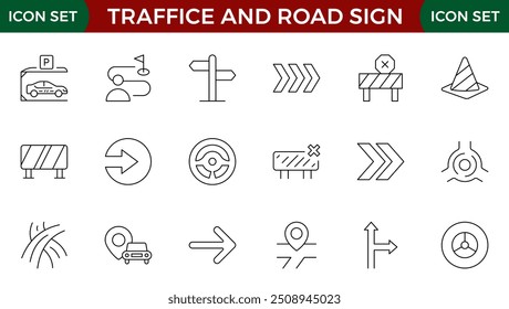 Iconos de la carretera y de la línea de tráfico colección. Calle, transporte, combustible, vehículo, ubicación, iconos de servicio de coche. Conjunto de iconos de interfaz de usuario. Paquete de contorno delgado. Signo de flecha de dirección de dirección. Señales de tráfico. Colección de icono de esquema.
