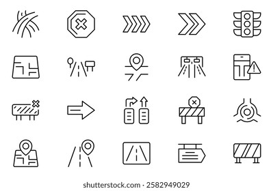 Road and traffic line icons collection. Street, transport, fuel, vehicle, location, car service icons. UI icon set. Thin outline pack. Way direction arrow sign. Roadsigns. Outline icon collection.