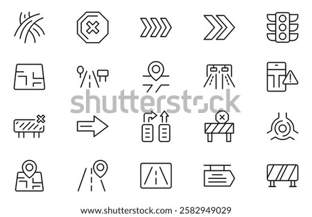 Road and traffic line icons collection. Street, transport, fuel, vehicle, location, car service icons. UI icon set. Thin outline pack. Way direction arrow sign. Roadsigns. Outline icon collection.