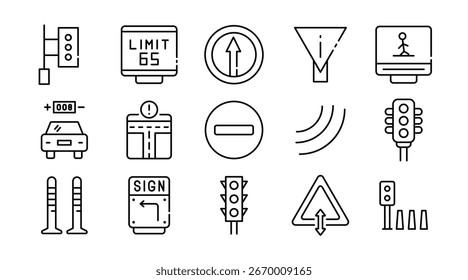 Conjunto de iconos lineales de carretera y tráfico. Vehículos, transporte, carretera, señales de tráfico, seguridad vial, navegación, automóviles, bicicletas, camiones, señales, mapa, paquete de iconos de Vector. Conjunto de diseño de interfaz de usuario de estilo de línea delgada