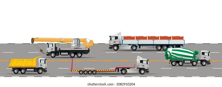 Road traffic on the highway. Construction machinery. Road train, low loader, platform, mixer, dump truck, truck crane. Flat vector illustration.