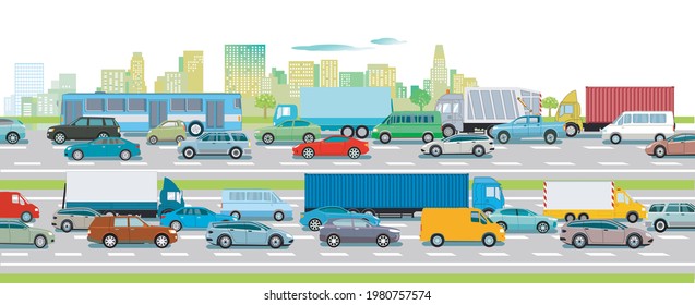 Tráfico vial en la autopista frente a una ilustración de una gran ciudad