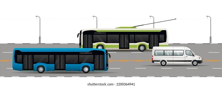 Road Traffic On The Highway. Public Urban Transport For Transporting People. Trolleybus, Electric Bus, Minibus. Flat Vector Illustration.