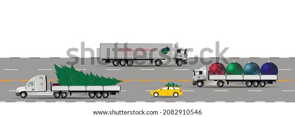 Road\
traffic on the road on New Year\'s Eve and Cargo transportation for\
Christmas and New Year. Flat vector\
illustration.