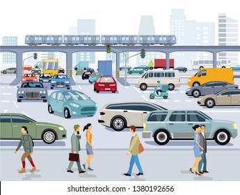 Road traffic with pedestrians and cars