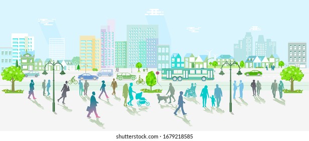 Road traffic with pedestrians and cars on urban street